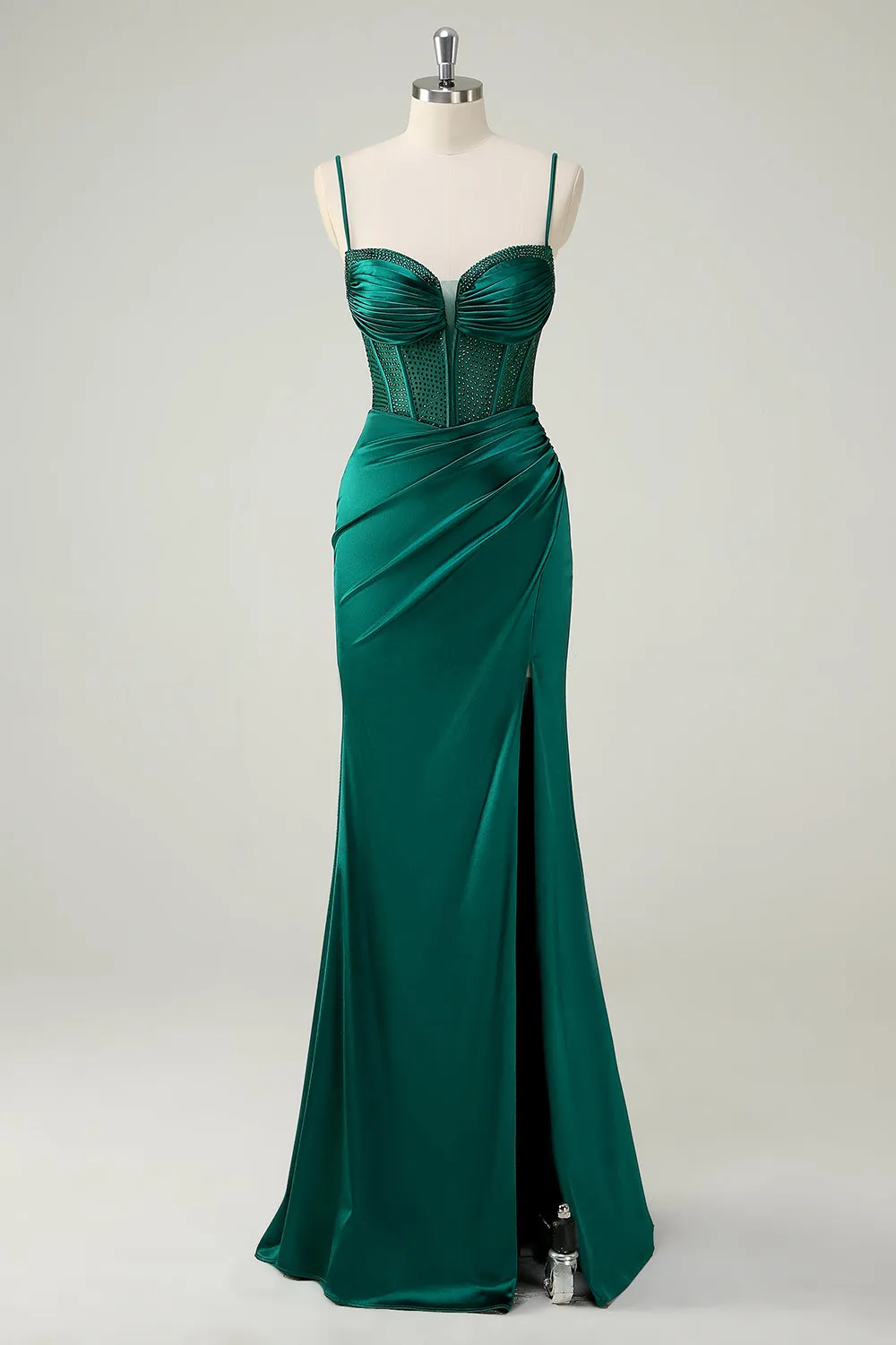 Dark Green Mermaid Spaghetti Straps Corset Long Prom Dress With Slit sold by Zapaka