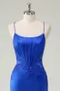 Royal Blue Mermaid Corset Spaghetti Straps Appliqued Long Prom Dress sold by Zapaka