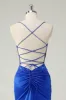 Royal Blue Mermaid Corset Spaghetti Straps Appliqued Long Prom Dress sold by Zapaka