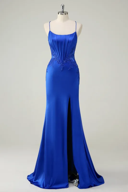 Royal Blue Mermaid Corset Spaghetti Straps Appliqued Long Prom Dress sold by Zapaka