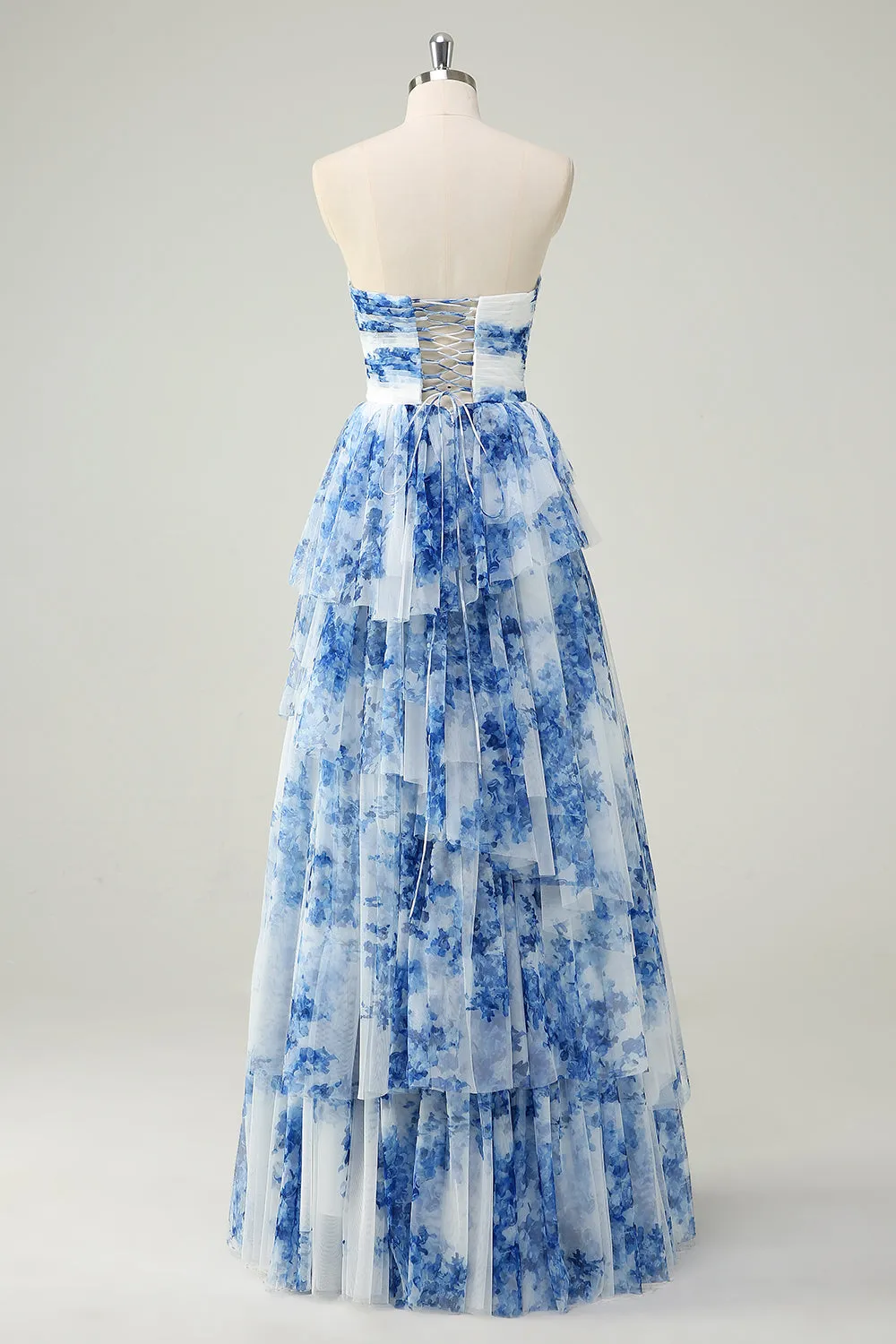 White Blue Flower A Line Strapless Tiered Long Prom Dress sold by Zapaka product image thumbnail 2