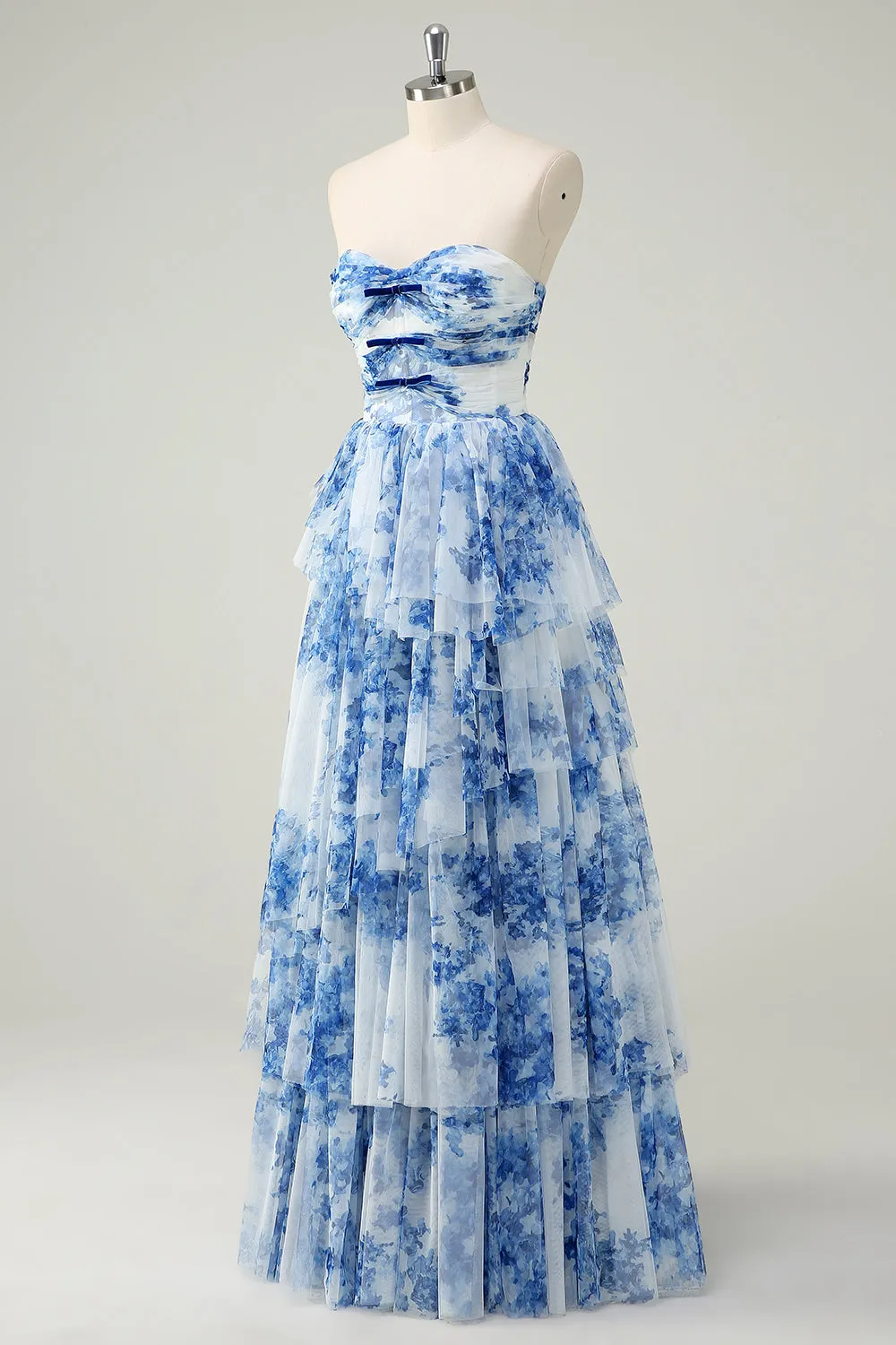 White Blue Flower A Line Strapless Tiered Long Prom Dress sold by Zapaka product image thumbnail 3
