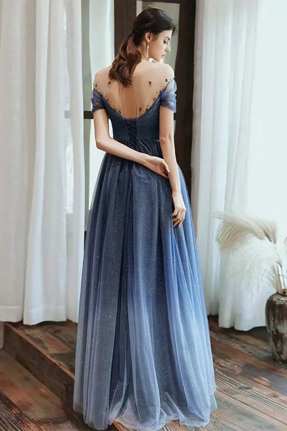 Navy A Line Round Neck Short Sleeves Tull Long Prom Dress sold by Zapaka product image thumbnail 2