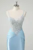 Blue Mermaid Spaghetti Straps Corset Appliqued Prom Dress sold by Zapaka