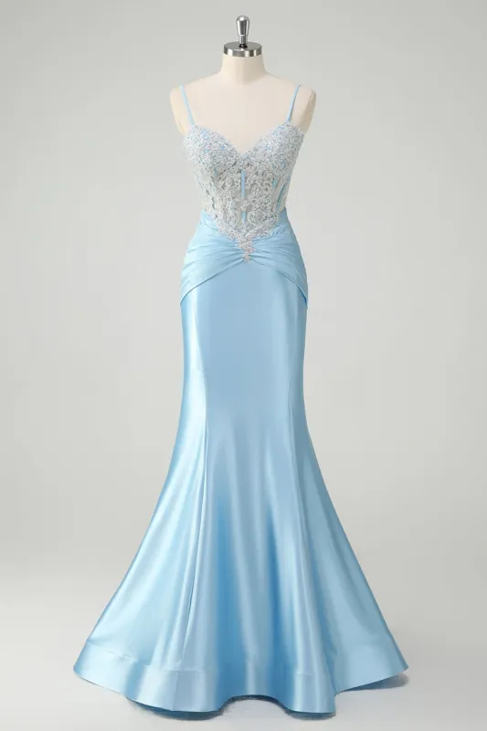 Blue Mermaid Spaghetti Straps Corset Appliqued Prom Dress sold by Zapaka