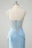 Blue Mermaid Spaghetti Straps Corset Appliqued Prom Dress sold by Zapaka