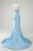 Blue Mermaid Spaghetti Straps Corset Appliqued Prom Dress sold by Zapaka