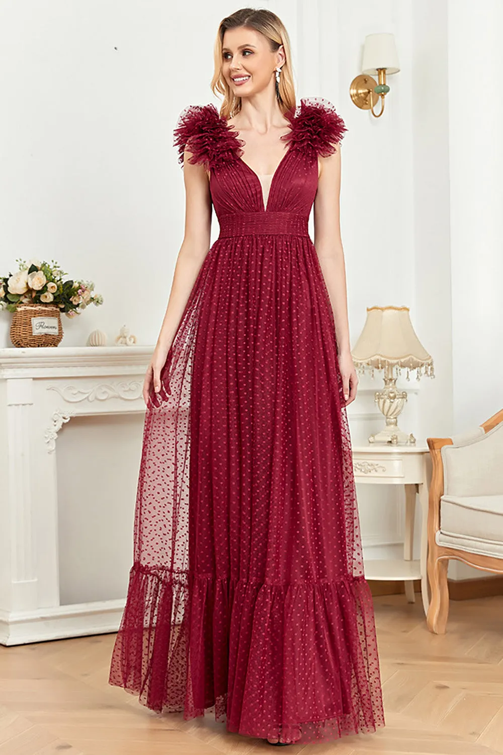 Burgundy A Line V Neck Sleeveless Tulle Prom Dress sold by Zapaka product image thumbnail 3