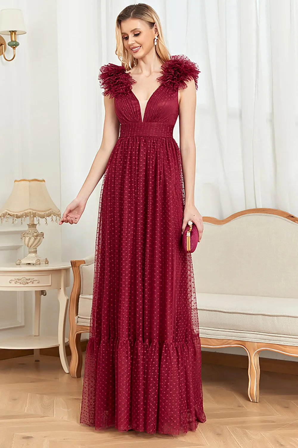 Burgundy A Line V Neck Sleeveless Tulle Prom Dress sold by Zapaka product image thumbnail 4