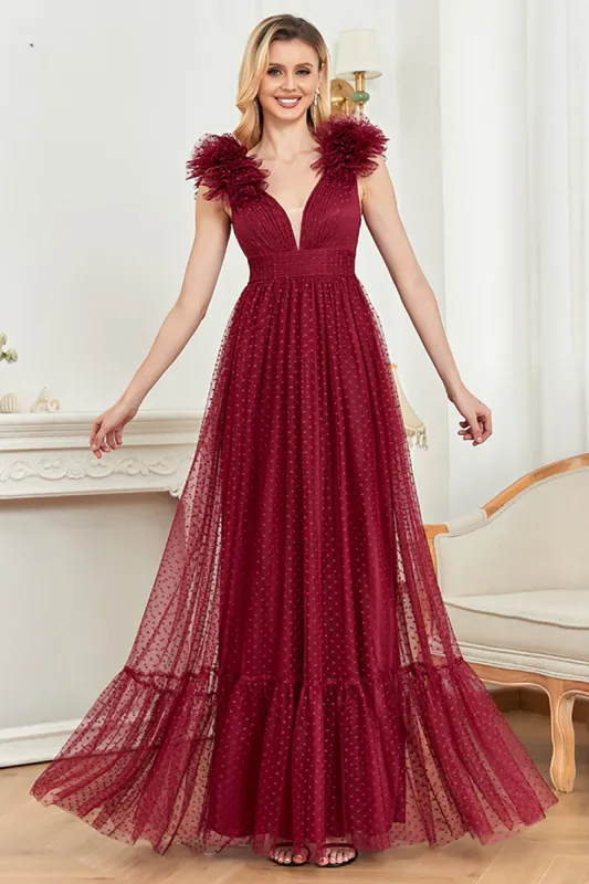 Burgundy A Line V Neck Sleeveless Tulle Prom Dress sold by Zapaka