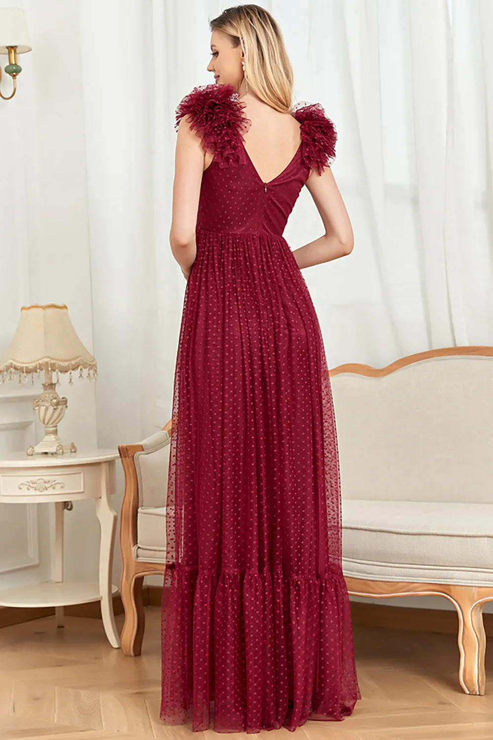 Burgundy A Line V Neck Sleeveless Tulle Prom Dress sold by Zapaka product image thumbnail 2