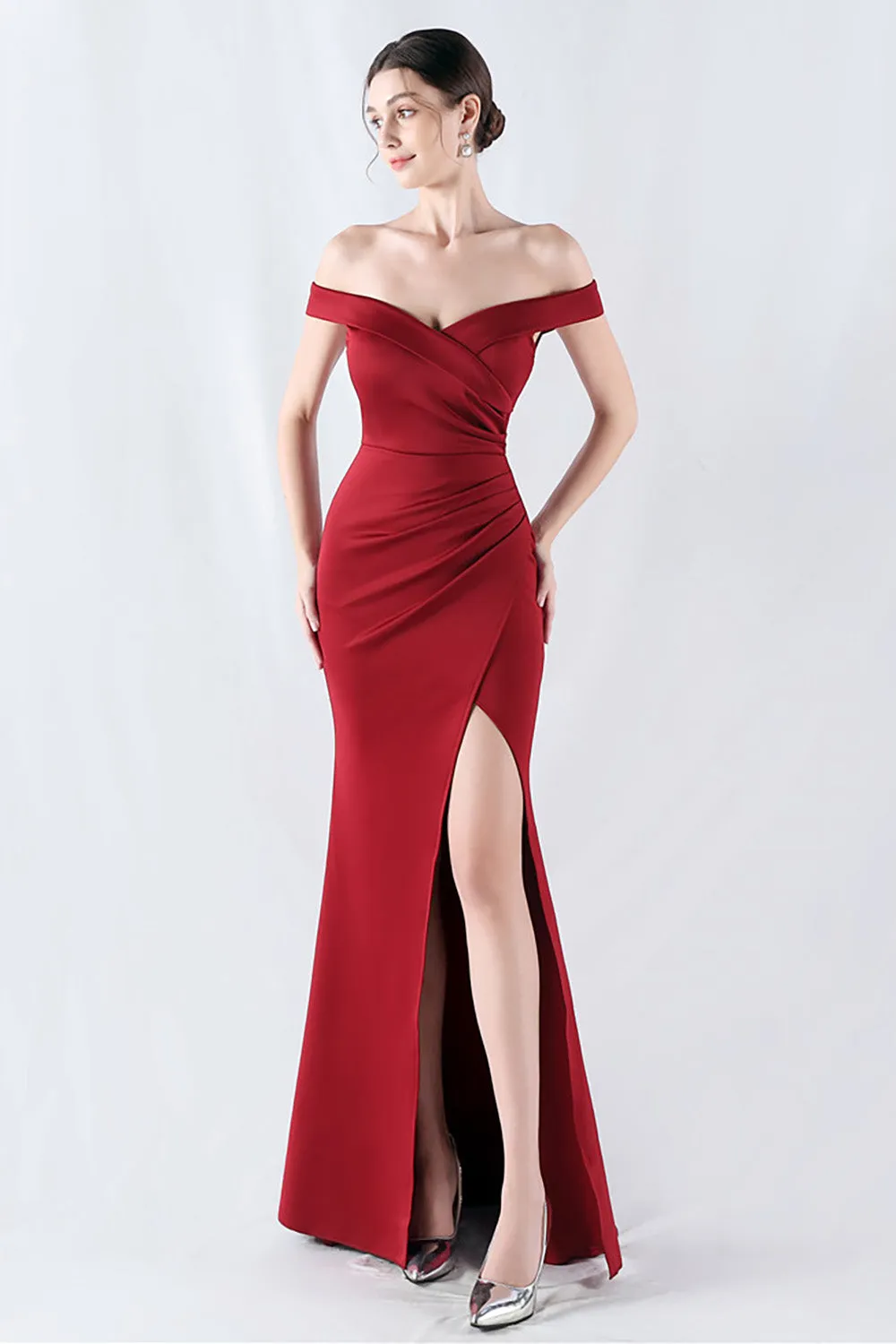 Burgundy Mermaid Off The Shoulder Long Prom Dress With Slit sold by Zapaka product image thumbnail 4