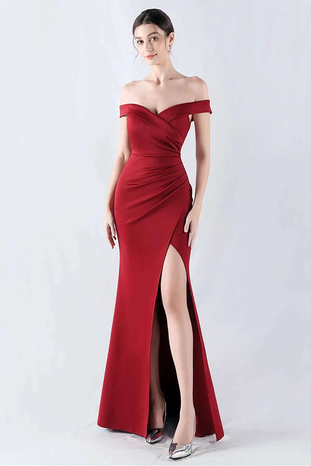 Burgundy Mermaid Off The Shoulder Long Prom Dress With Slit sold by Zapaka
