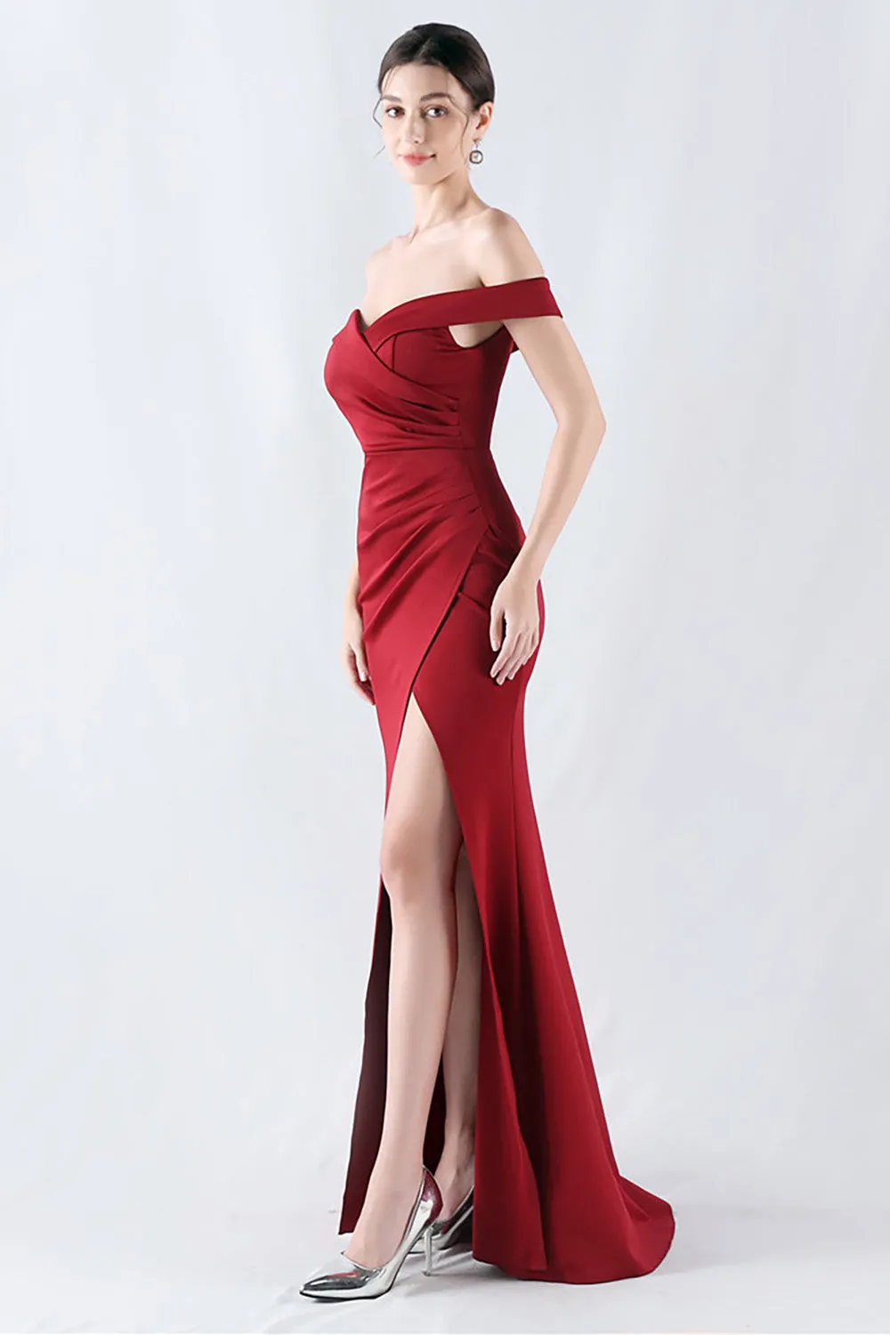 Burgundy Mermaid Off The Shoulder Long Prom Dress With Slit sold by Zapaka product image thumbnail 3