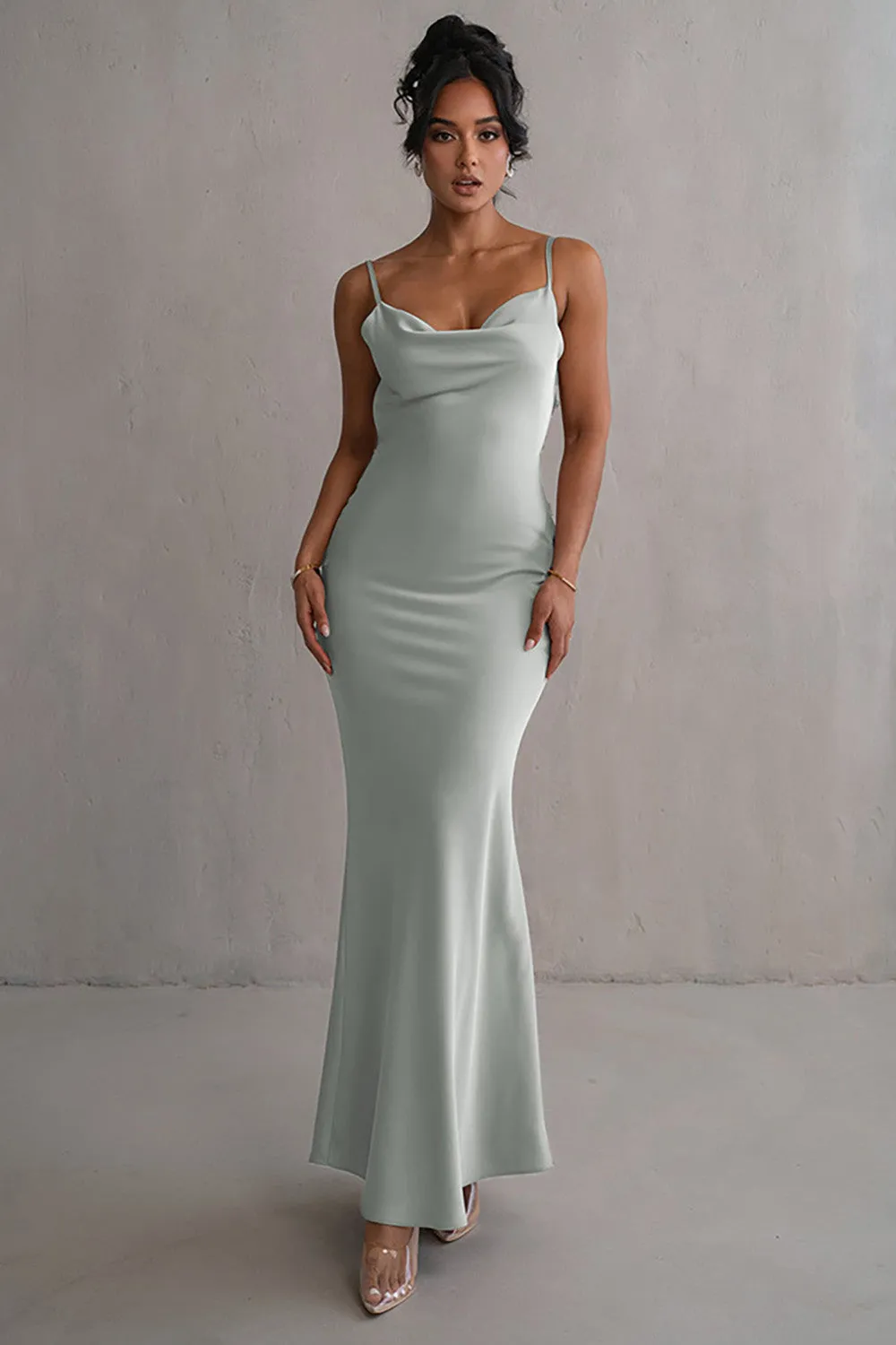 Grey Green Mermaid Spaghetti Straps Backless Long Prom Dress sold by Zapaka