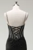 Black Mermaid Spaghetti Straps Corset Long Prom Dress With Slit sold by Zapaka