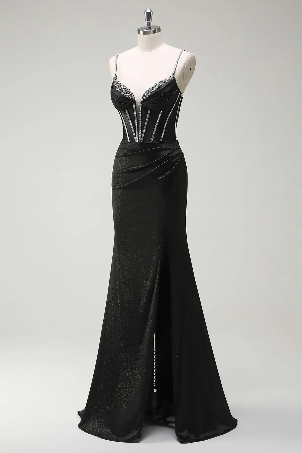 Black Mermaid Spaghetti Straps Corset Long Prom Dress With Slit sold by Zapaka product image thumbnail 3