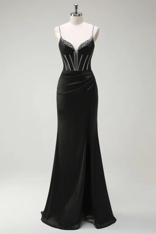 Black Mermaid Spaghetti Straps Corset Long Prom Dress With Slit sold by Zapaka