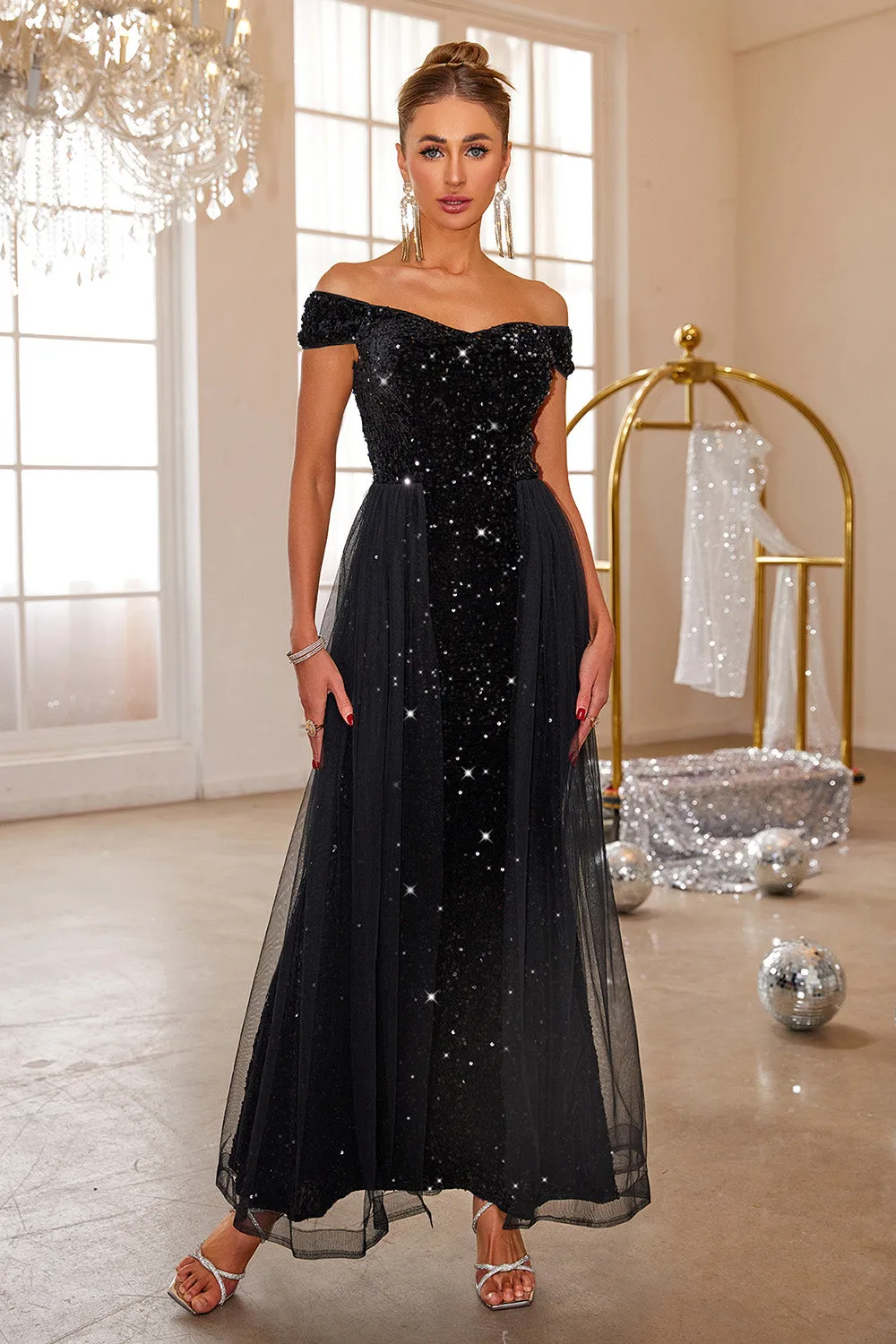 Black Mermaid Off The Shoulder Sequin Long Prom Dress With Tulle sold by Zapaka product image thumbnail 5