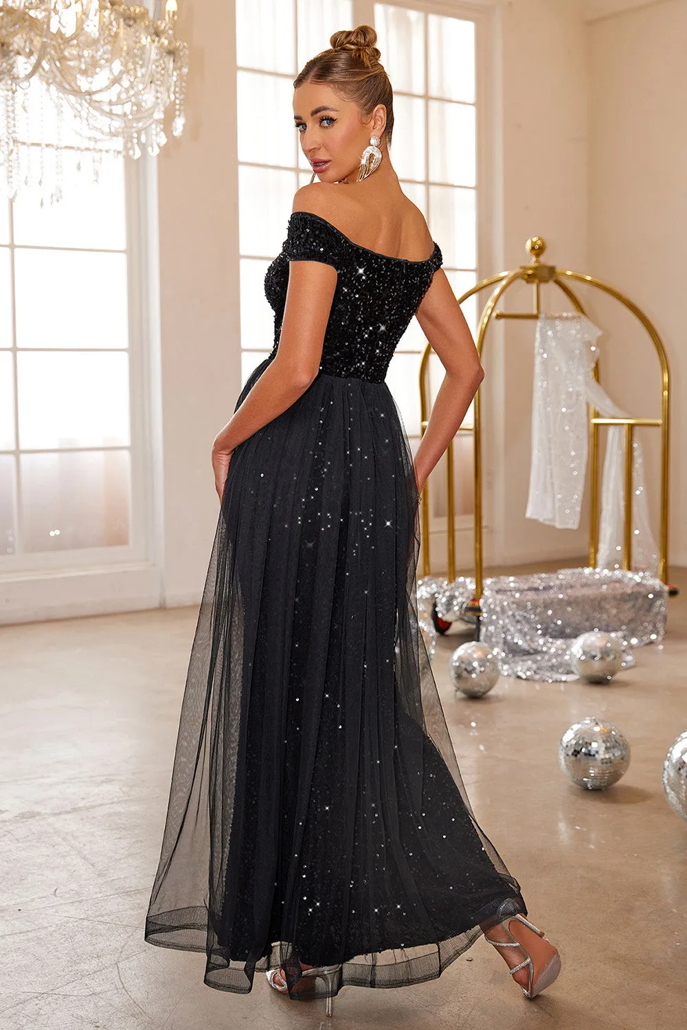 Black Mermaid Off The Shoulder Sequin Long Prom Dress With Tulle sold by Zapaka product image thumbnail 2