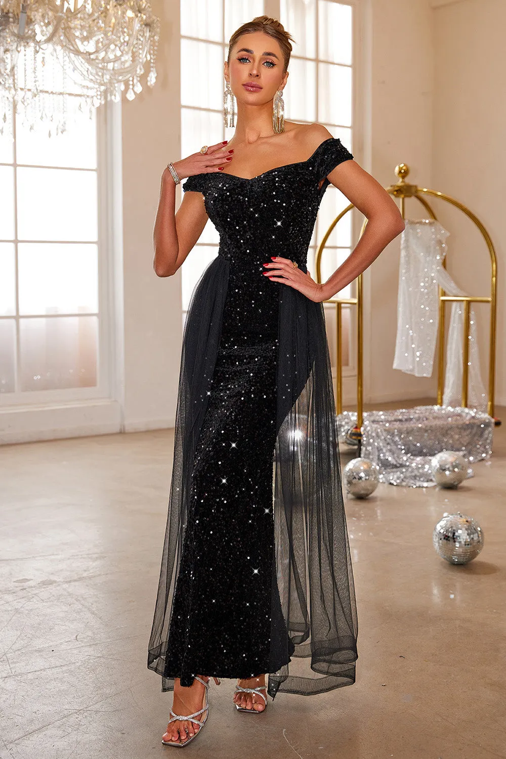 Black Mermaid Off The Shoulder Sequin Long Prom Dress With Tulle sold by Zapaka product image thumbnail 3