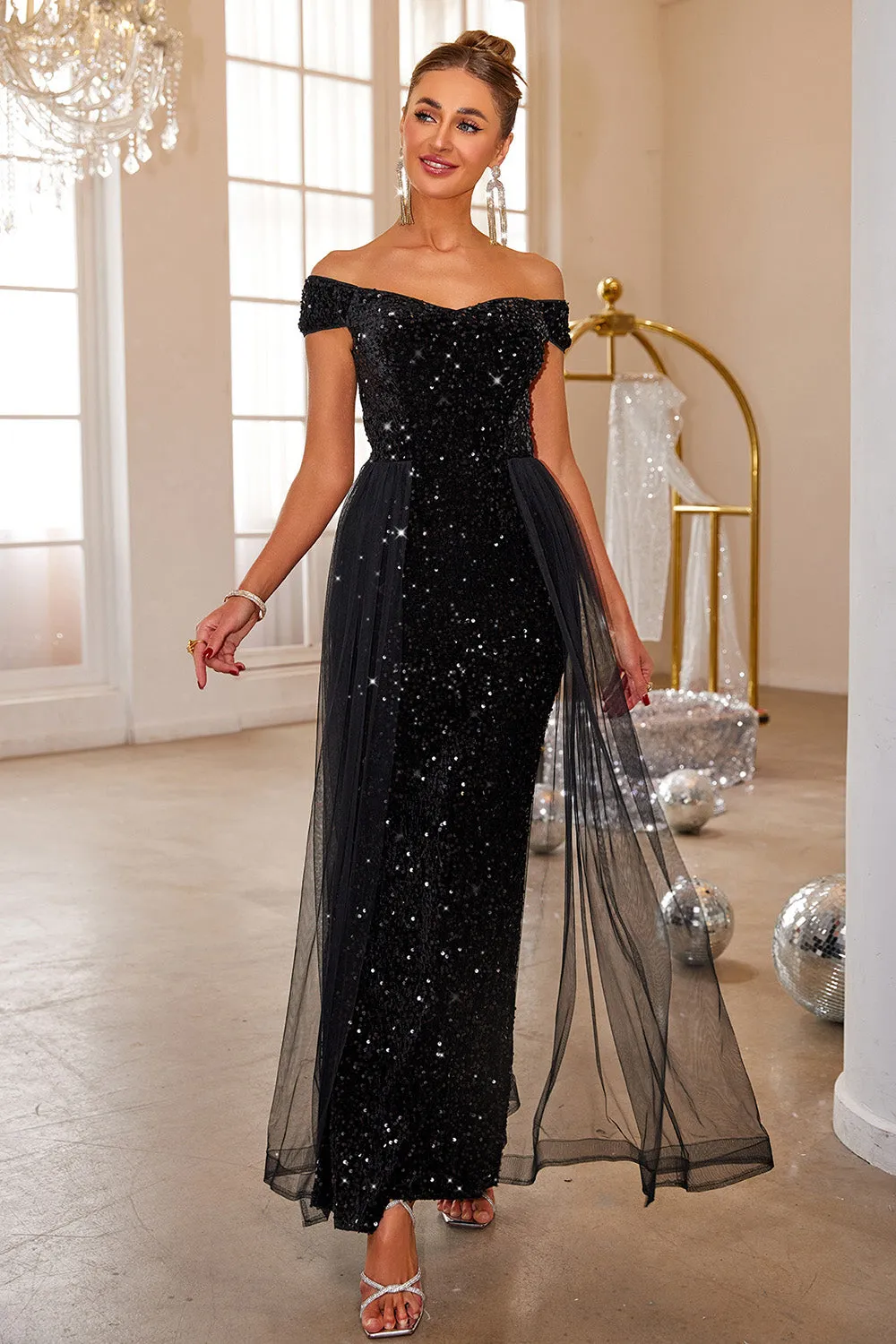 Black Mermaid Off The Shoulder Sequin Long Prom Dress With Tulle sold by Zapaka product image thumbnail 4