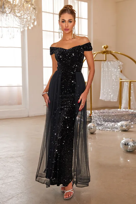 Black Mermaid Off The Shoulder Sequin Long Prom Dress With Tulle sold by Zapaka