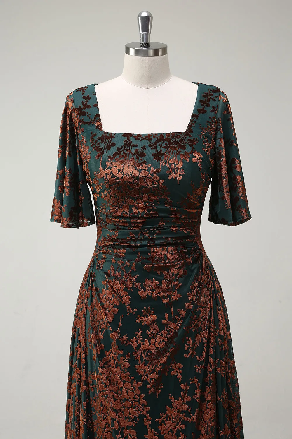 Dark Green Square Neck Long Bridesmaid Dress with Short Sleeves sold by Zapaka product image thumbnail 4