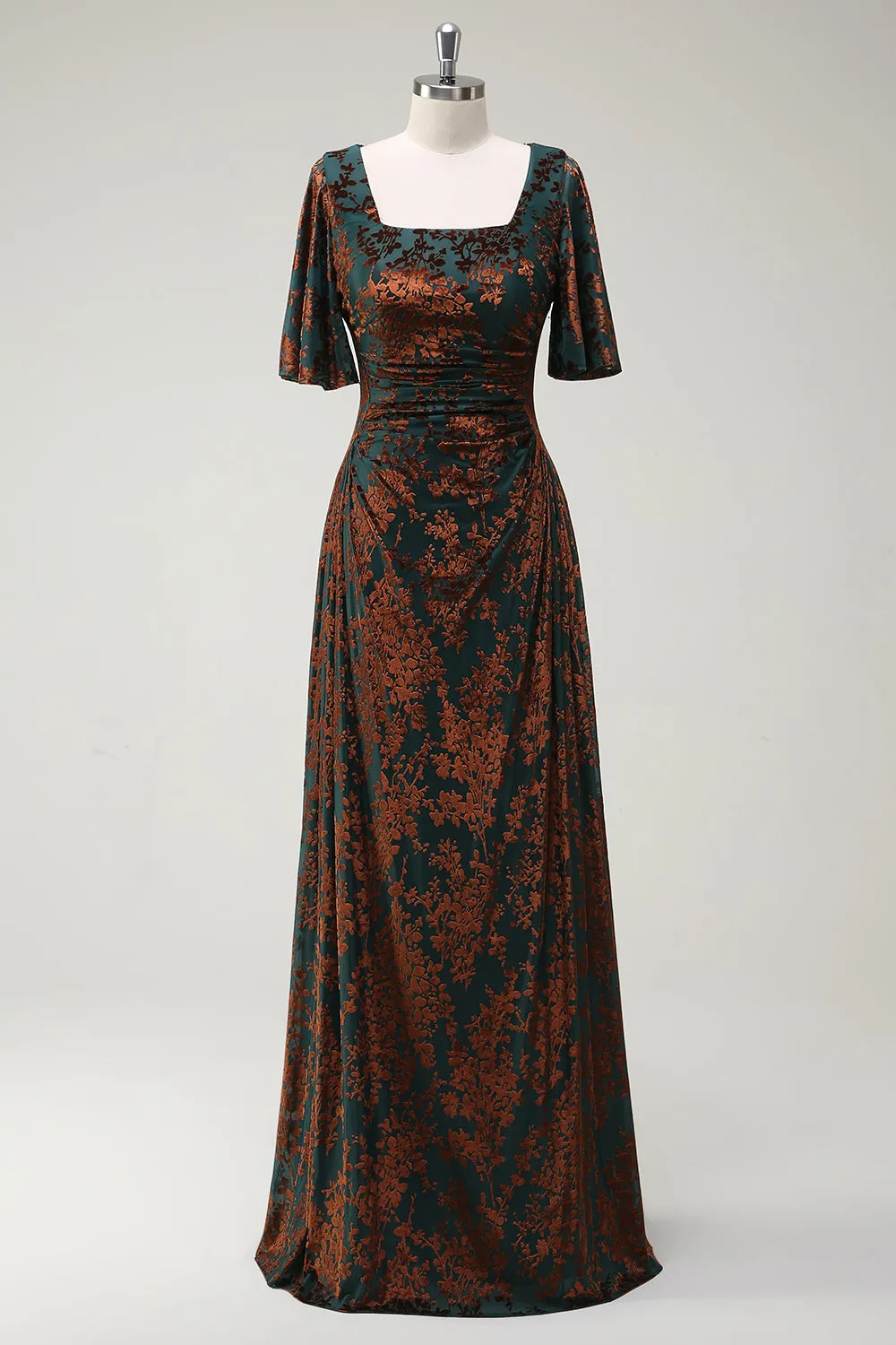 Dark Green Square Neck Long Bridesmaid Dress with Short Sleeves sold by Zapaka