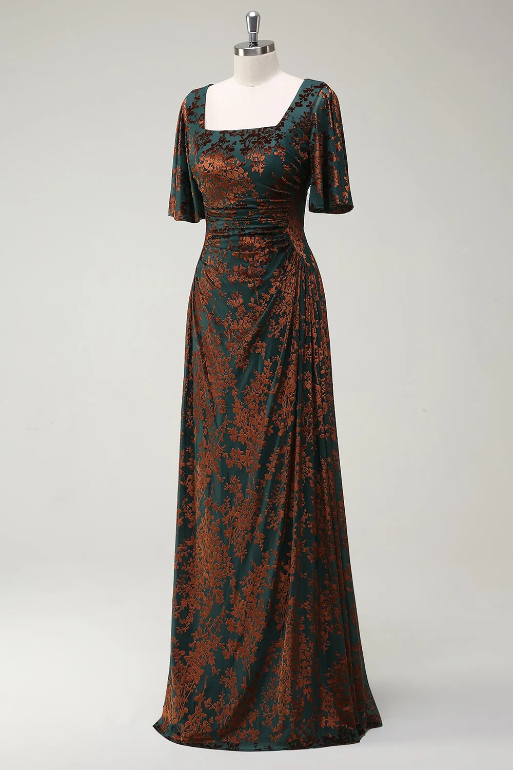 Dark Green Square Neck Long Bridesmaid Dress with Short Sleeves sold by Zapaka product image thumbnail 3