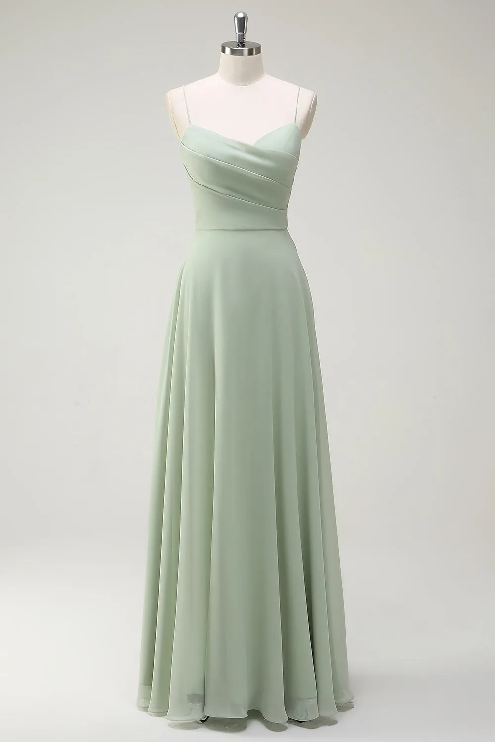 Dusty Sage A Line Chiffon Spaghetti Straps Long Bridesmaid Dress sold by Zapaka