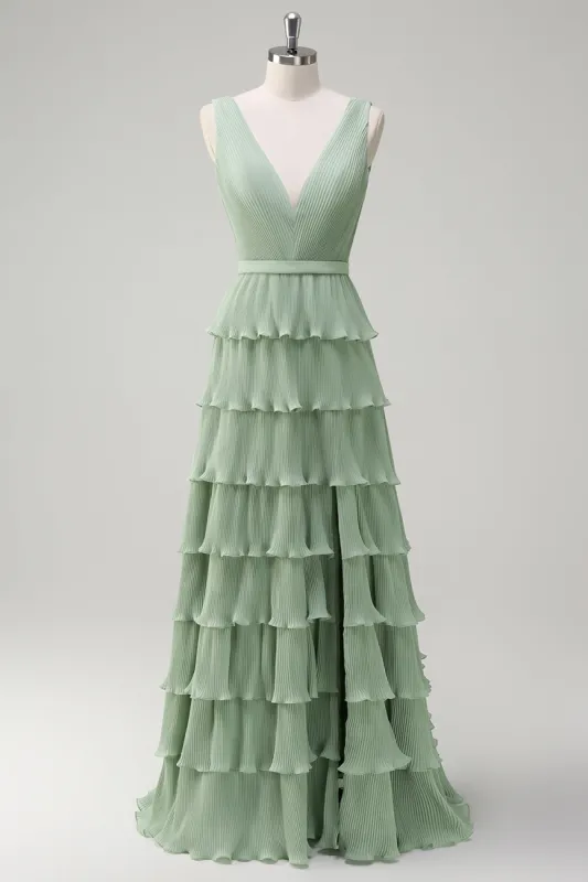Dusty Sage A Line V-Neck Chiffon Ruffled Tiered Bridesmaid Dress sold by Zapaka