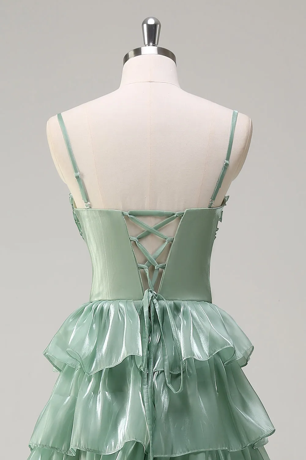 Dusty Sage A Line Spaghetti Straps Ruffled Long Bridesmaid Dress Slit sold by Zapaka product image thumbnail 5