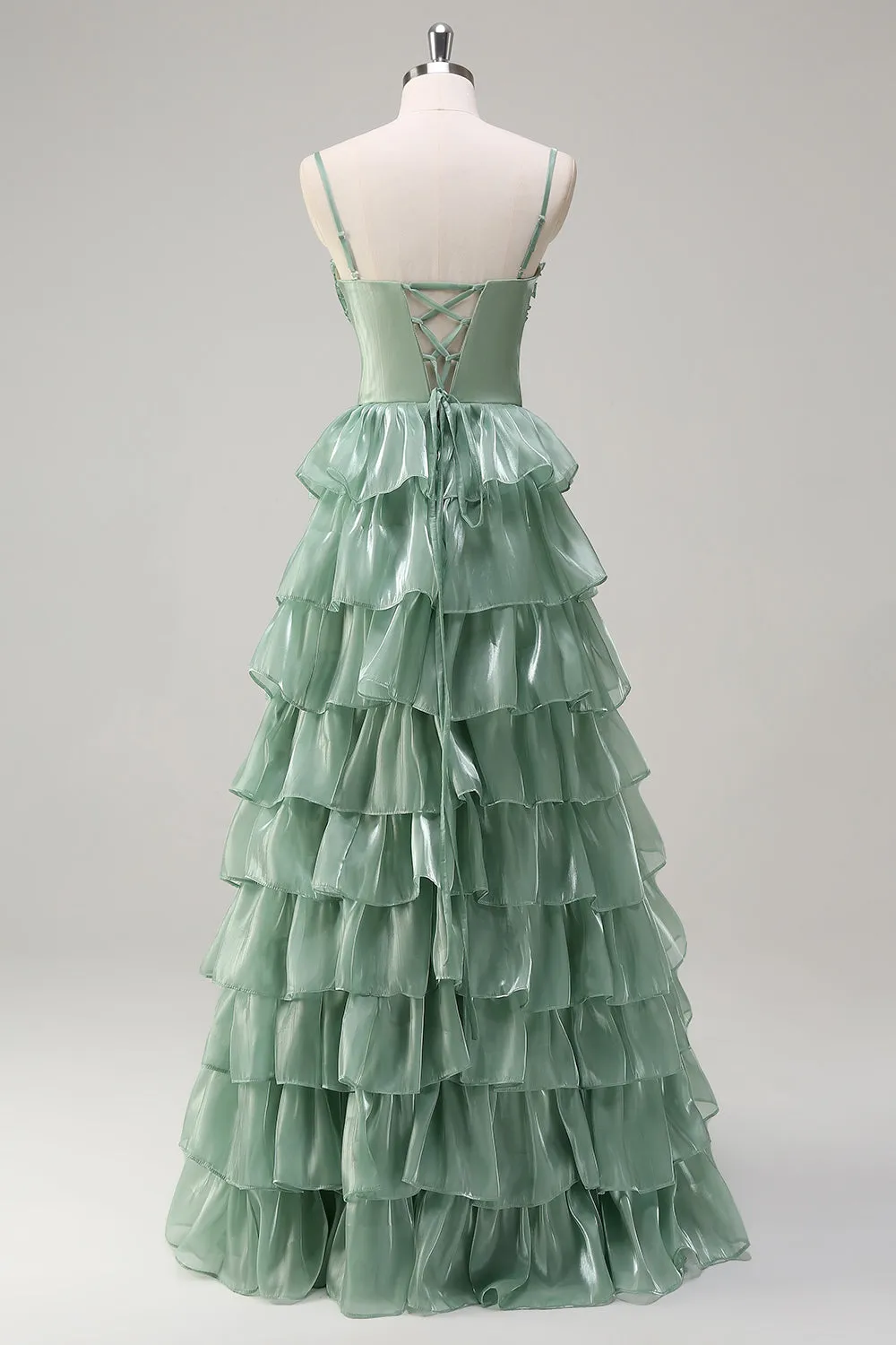 Dusty Sage A Line Spaghetti Straps Ruffled Long Bridesmaid Dress Slit sold by Zapaka product image thumbnail 2