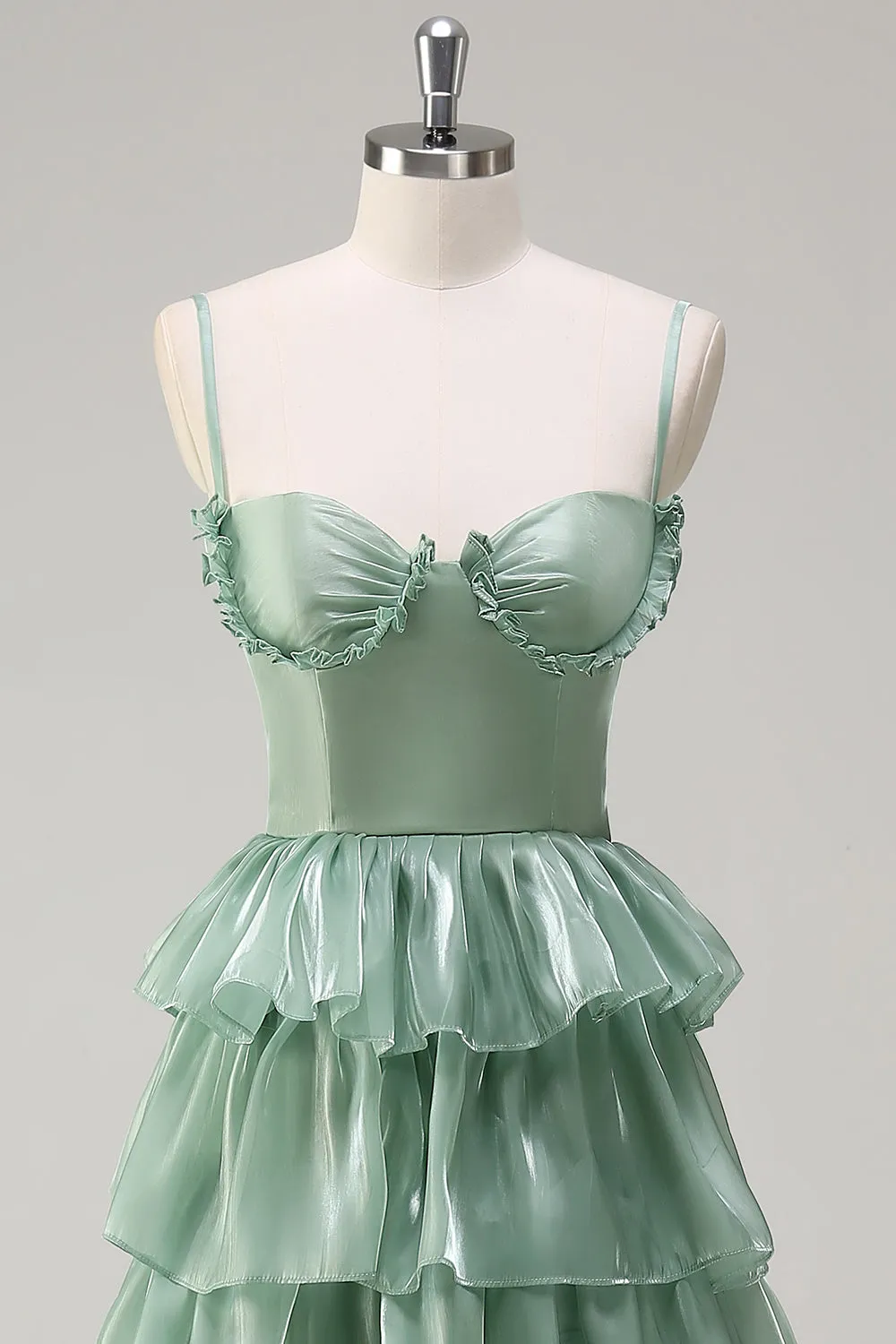 Dusty Sage A Line Spaghetti Straps Ruffled Long Bridesmaid Dress Slit sold by Zapaka product image thumbnail 4