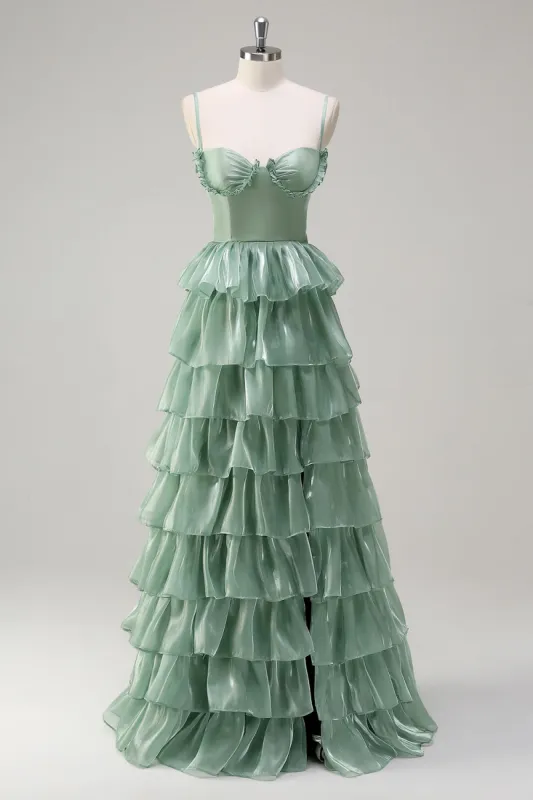 Dusty Sage A Line Spaghetti Straps Ruffled Long Bridesmaid Dress Slit sold by Zapaka