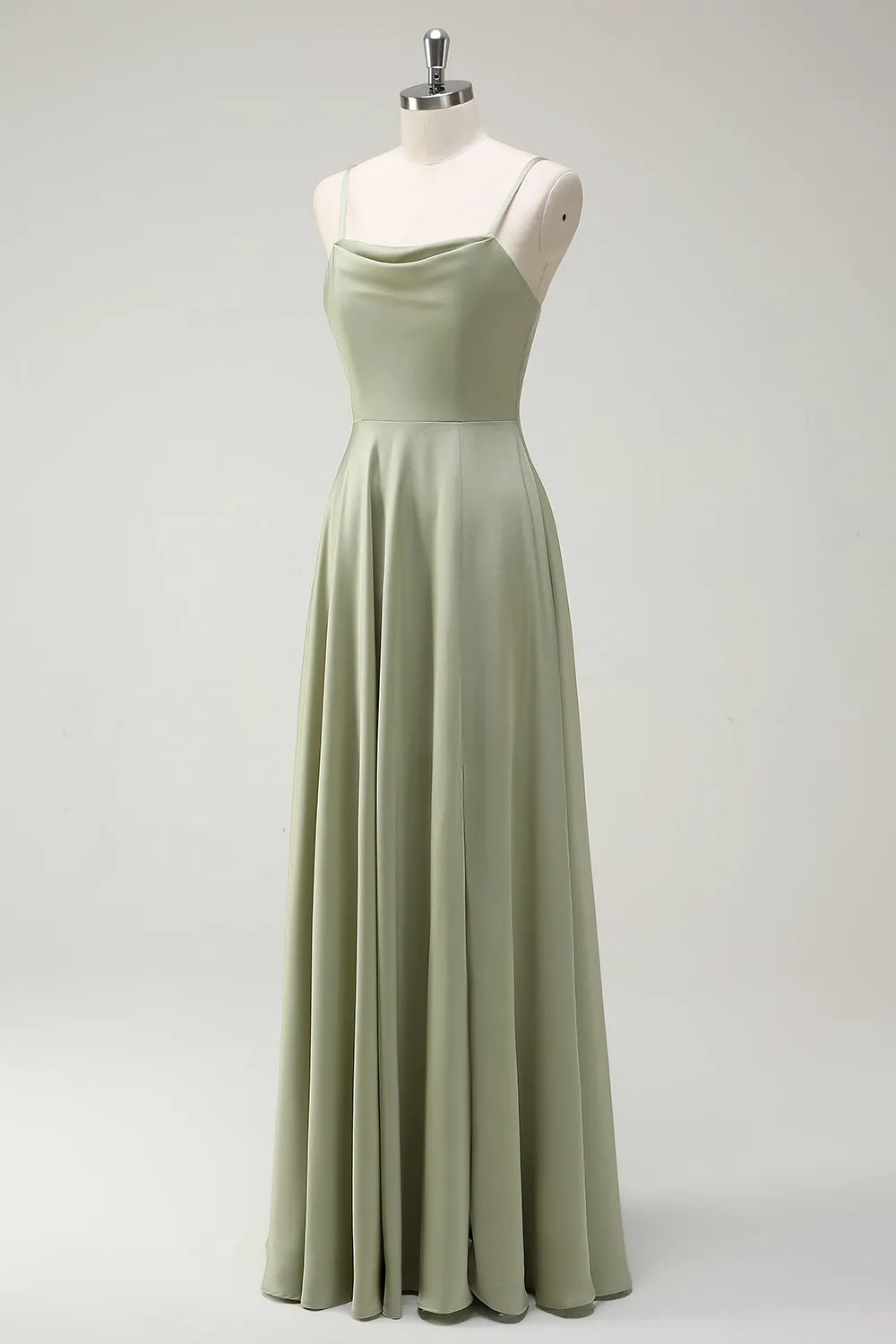 Dusty Sage A Line Satin Spaghetti Straps Long Bridesmaid Dress sold by Zapaka product image thumbnail 3