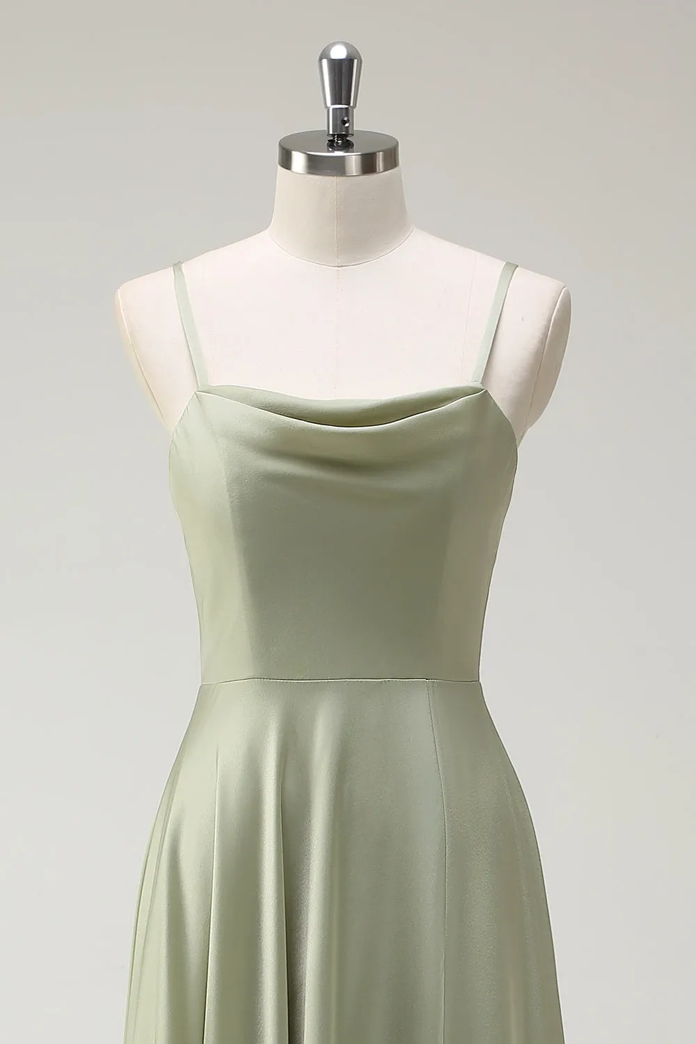 Dusty Sage A Line Satin Spaghetti Straps Long Bridesmaid Dress sold by Zapaka product image thumbnail 4