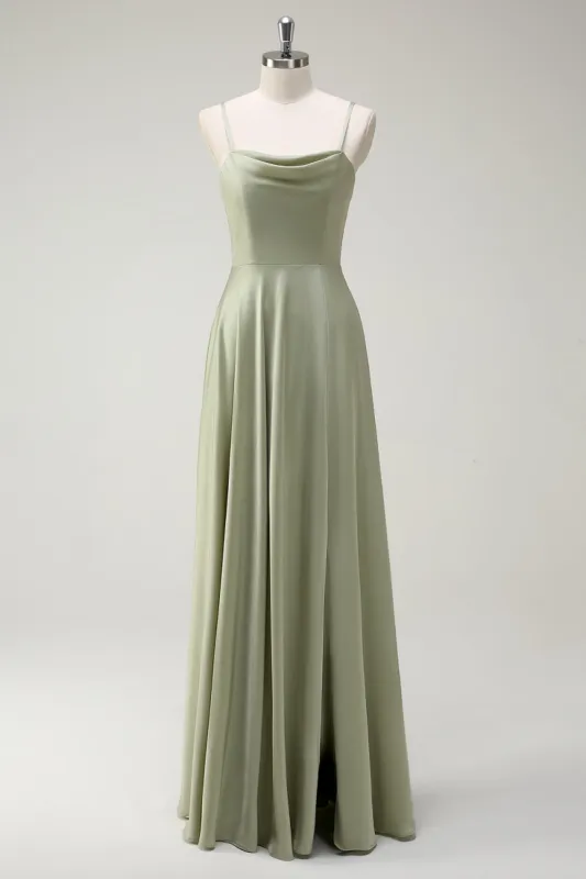Dusty Sage A Line Satin Spaghetti Straps Long Bridesmaid Dress sold by Zapaka