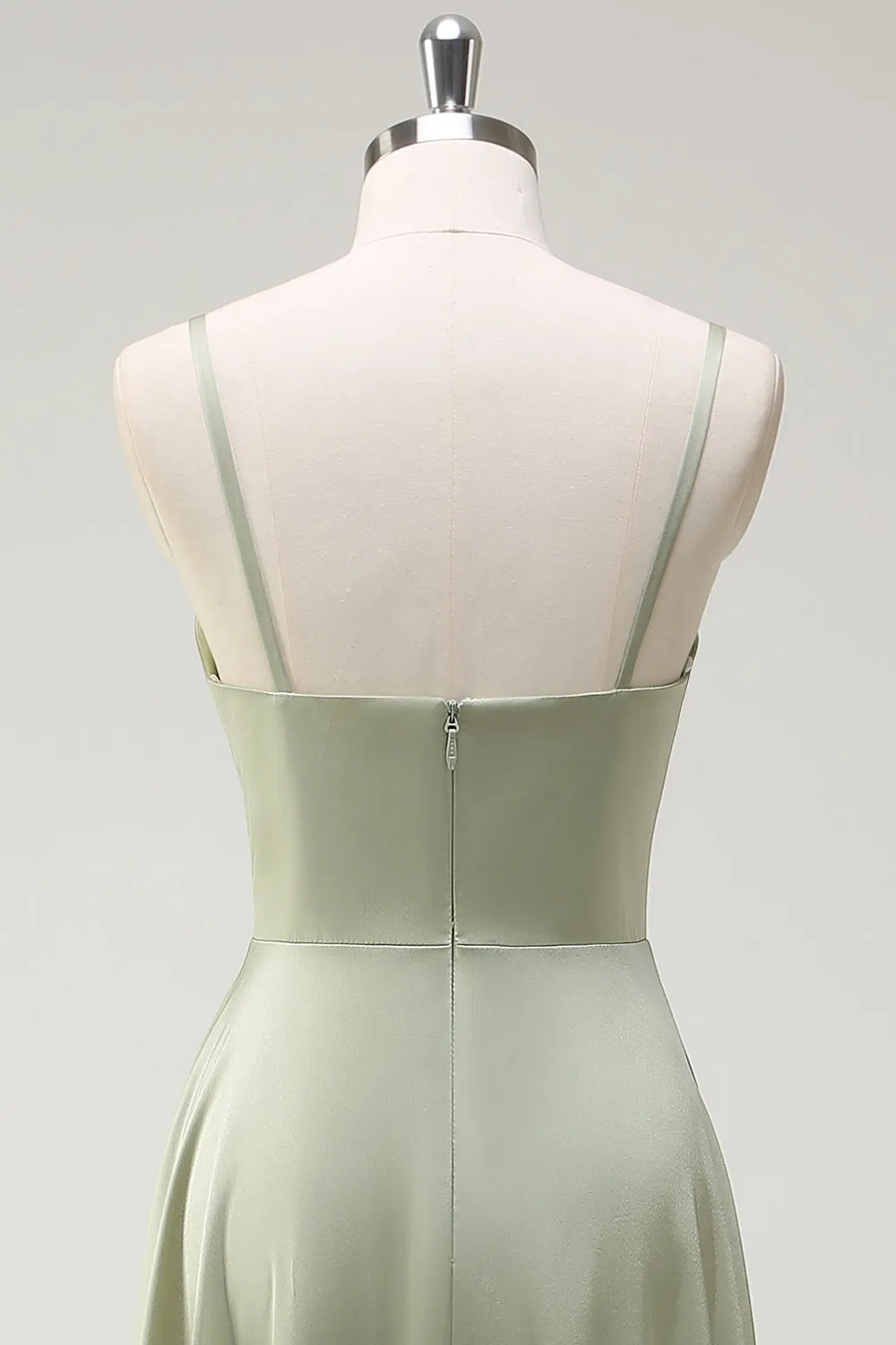 Dusty Sage A Line Satin Spaghetti Straps Long Bridesmaid Dress sold by Zapaka product image thumbnail 5