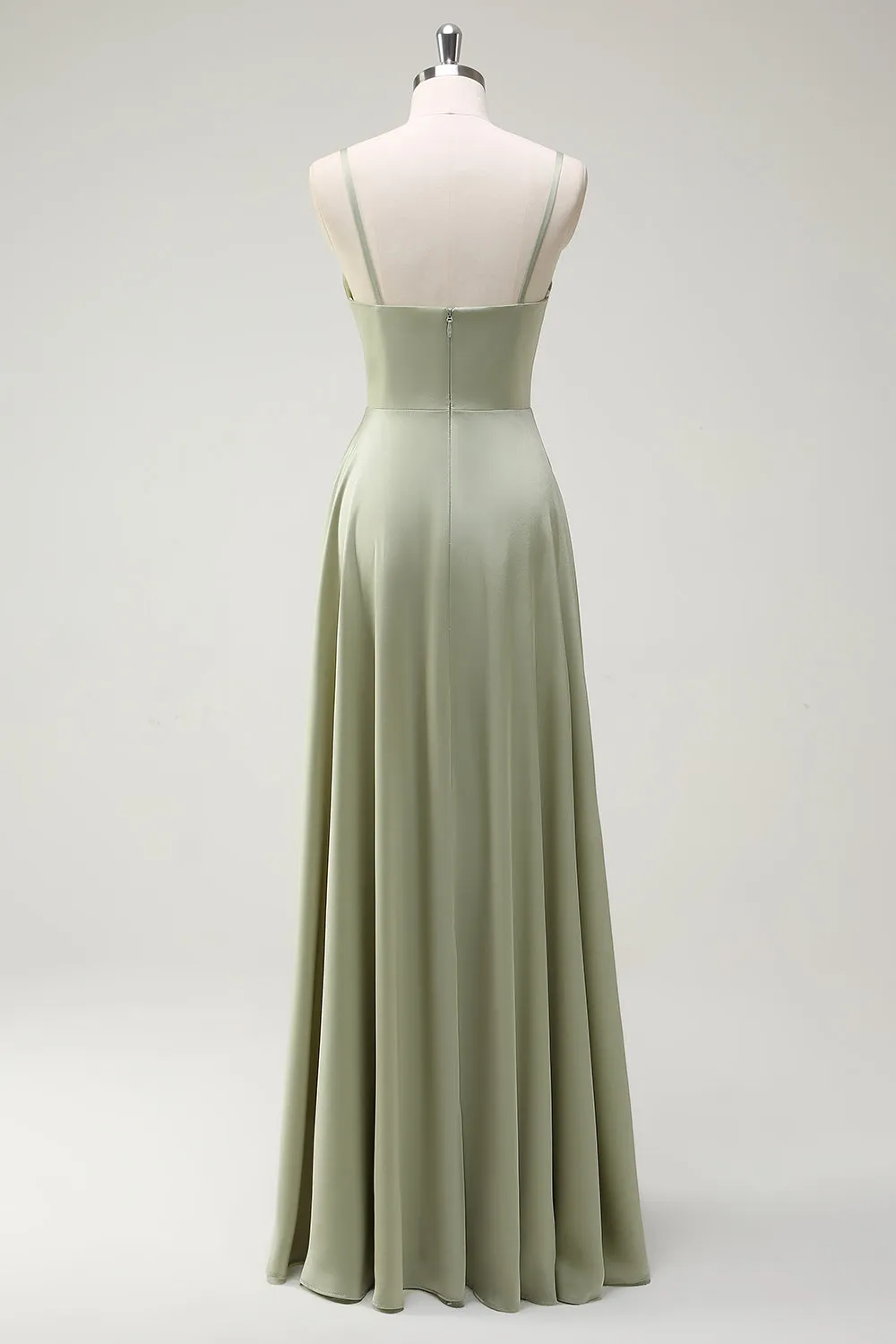 Dusty Sage A Line Satin Spaghetti Straps Long Bridesmaid Dress sold by Zapaka product image thumbnail 2