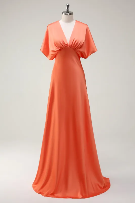 Sunset A Line V-Neck Satin Bridesmaid Dress with Short Sleeves sold by Zapaka