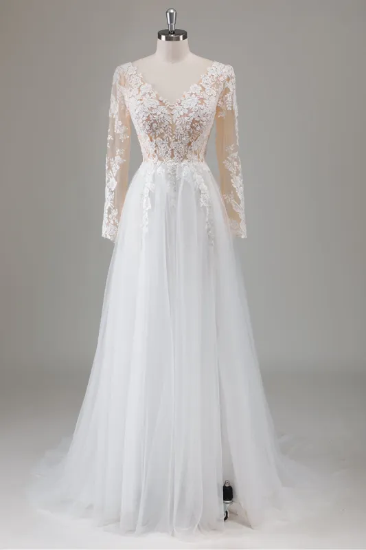Ivory V-Neck Long Sleeves Appliqued Wedding Dress with Slit sold by Zapaka