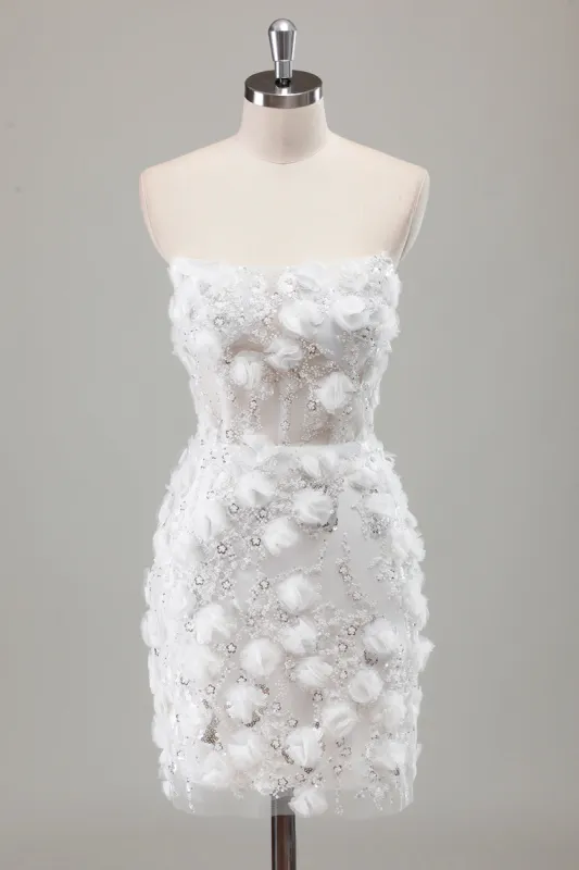 Ivory Strapless Beaded Tight Short Wedding Dress with Appliques sold by Zapaka