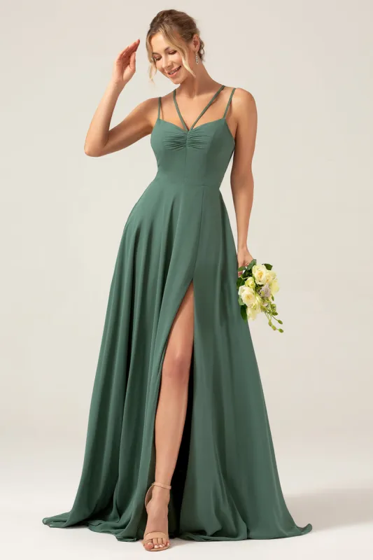 A-Line Spaghetti Straps Backless Pleated Eucalyptus Bridesmaid Dress sold by Zapaka