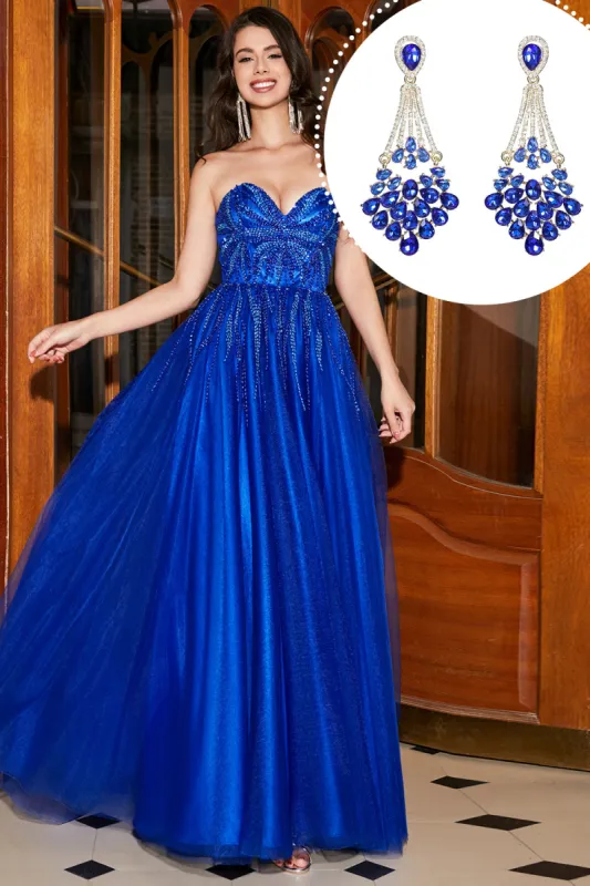 Royal Blue A-Line Sweetheart Long Beaded Prom Dress with Accessory sold by Zapaka