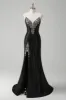 Black Mermaid V Neck Strapless Long Prom Dress with Beading sold by Zapaka