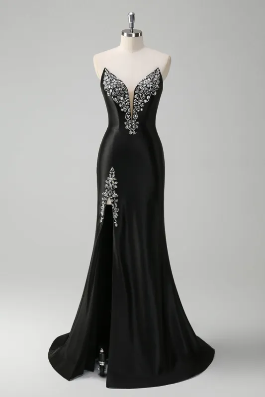 Black Mermaid V Neck Strapless Long Prom Dress with Beading sold by Zapaka