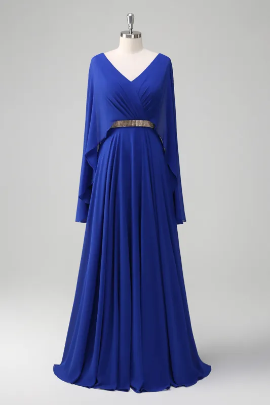 Royal Blue A Line V-neck Chiffon Long Mother Dress with Belt sold by Zapaka