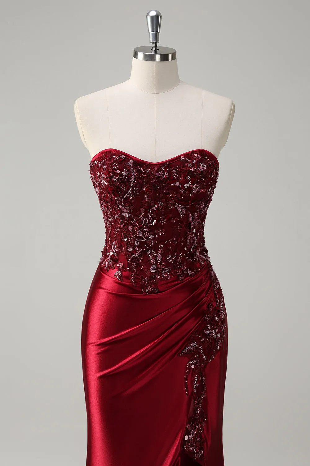 Mermaid Burgundy Strapless Sequin Long Prom Dress with Beading sold by Zapaka product image thumbnail 4